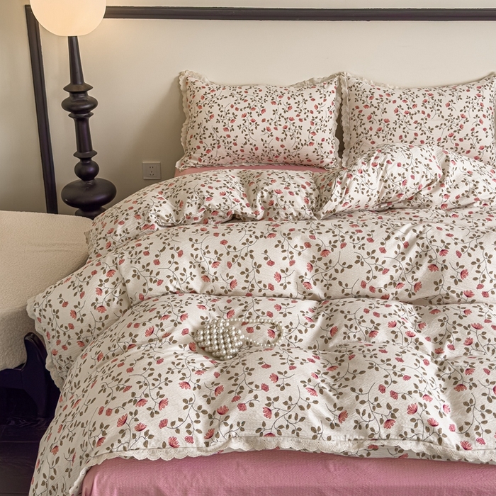 91家纺网 家纺一手货源 找家纺 可思家纺 2025新款法式皱皱纱四件套 桃夭