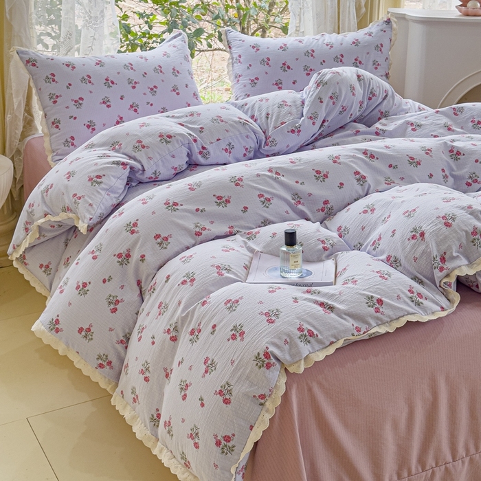 91家纺网 家纺一手货源 找家纺 可思家纺 2025新款法式皱皱纱四件套 紫雾玫瑰