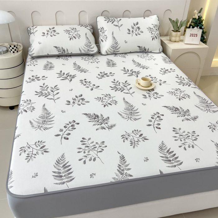 91家纺网 家纺一手货源 找家纺 2025年新款600D丝滑冰丝凉席-床笠款 素叶灰