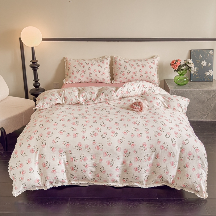 91家纺网 家纺一手货源 找家纺 可思家纺 2025新款法式皱皱纱四件套 粉佳人