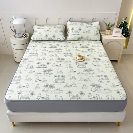 2025年新款600D丝滑冰丝凉席-床笠款 沙滩风情灰