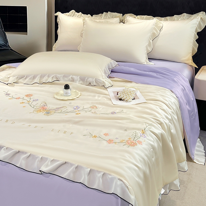 91家纺网 家纺一手货源 找家纺 （总）梦舒羽 2025新款刺绣水洗真丝花边夏被四件套宿舍夏凉被床单枕套三件套-蝶梦花边款