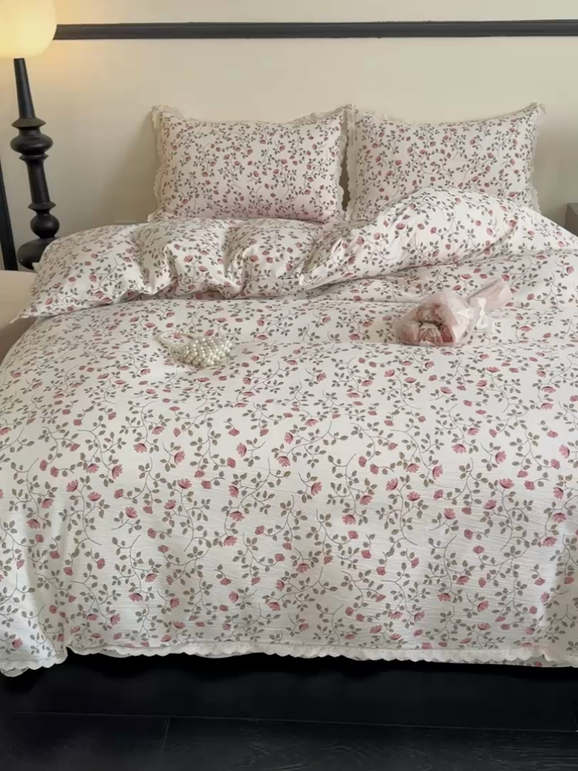 91家纺网 家纺一手货源 找家纺 可思家纺 2025新款法式皱皱纱四件套 桃夭