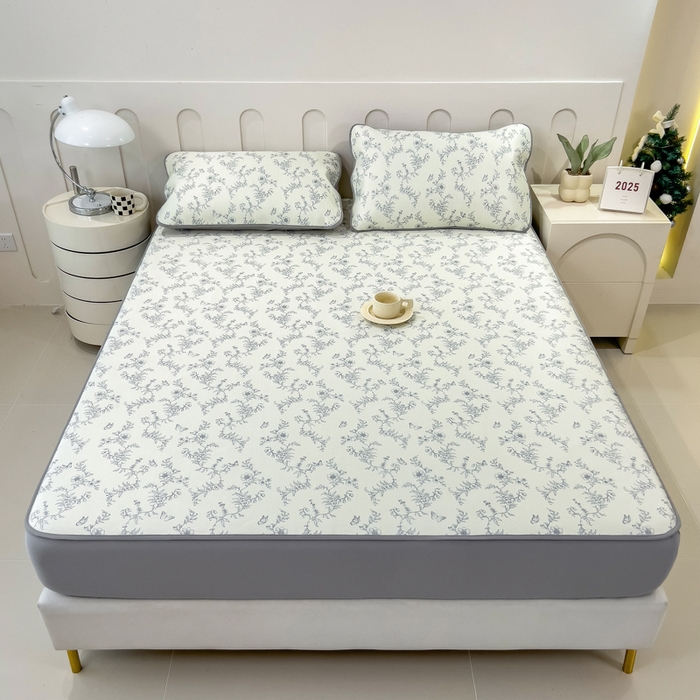 91家纺网 家纺一手货源 找家纺 2025年新款600D丝滑冰丝凉席-床笠款 连理枝蓝