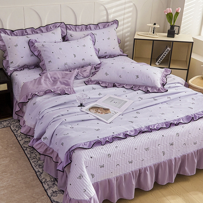 91家纺网 家纺一手货源 找家纺 铠畅家纺 2025新款有氧双层纱印花夹棉床盖四件套-终版 蝴蝶纷飞 星空紫