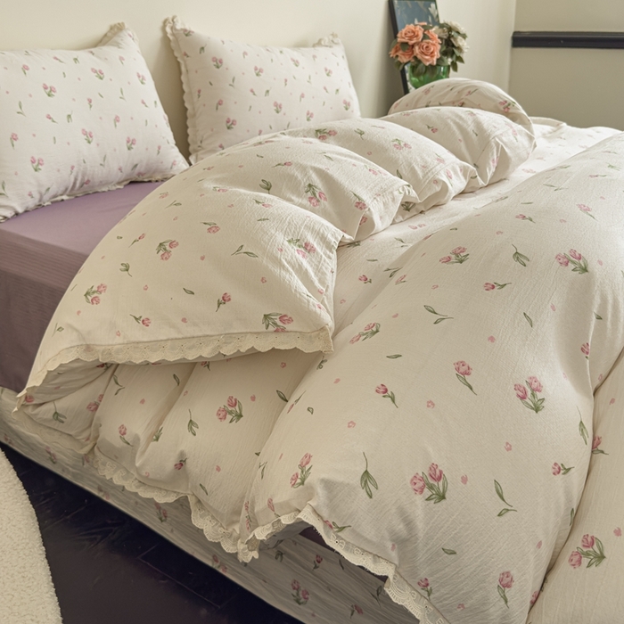 91家纺网 家纺一手货源 找家纺 可思家纺 2025新款法式皱皱纱四件套 小玫瑰