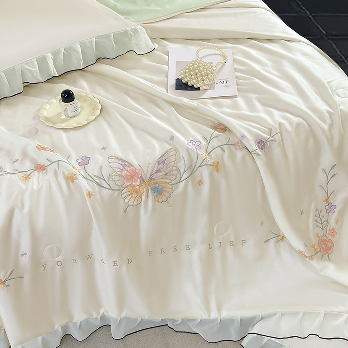 91家纺网 家纺一手货源 找家纺 梦舒羽 2025新款刺绣水洗真丝花边夏被四件套宿舍夏凉被床单枕套三件套-蝶梦花边款 蝶梦-绿 花边款