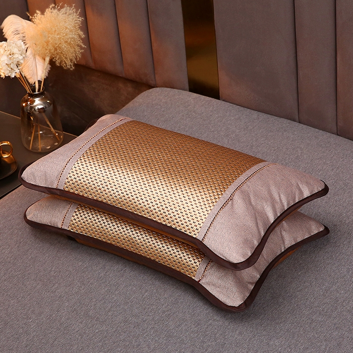 91家纺网 家纺一手货源 找家纺 梦叶草 2025新款全荞麦壳枕头夏季冰丝藤席枕芯冰藤荞麦枕竹面凉席枕头 圆角冰藤荞麦枕-金色