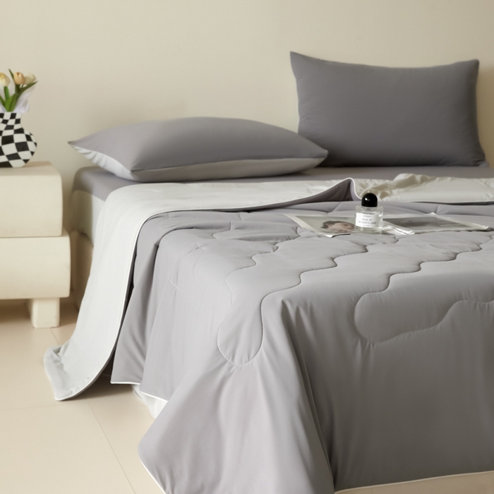 91家纺网 家纺一手货源 找家纺 圣梦莱羽绒家纺 2025春夏新款A类锦氨凉感丝高克重冰丝夏凉被亲肤丝绸被芯 清冷月亮灰