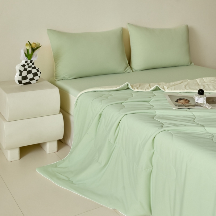 91家纺网 家纺一手货源 找家纺 圣梦莱羽绒家纺 2025春夏新款A类锦氨凉感丝高克重冰丝夏凉被亲肤丝绸被芯 奶油薄荷绿