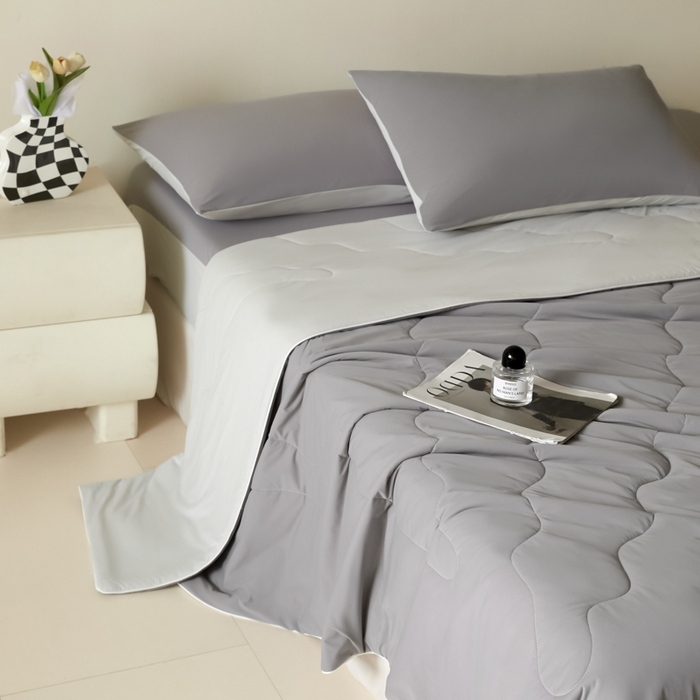 91家纺网 家纺一手货源 找家纺 圣梦莱羽绒家纺 2025春夏新款A类锦氨凉感丝高克重冰丝夏凉被亲肤丝绸被芯 清冷月亮灰