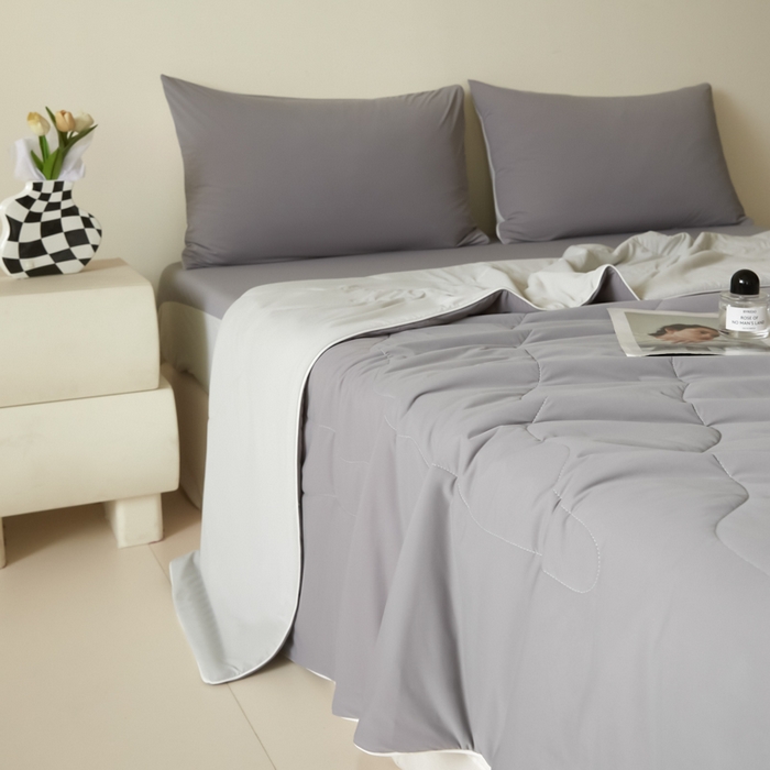 91家纺网 家纺一手货源 找家纺 圣梦莱羽绒家纺 2025春夏新款A类锦氨凉感丝高克重冰丝夏凉被亲肤丝绸被芯 清冷月亮灰