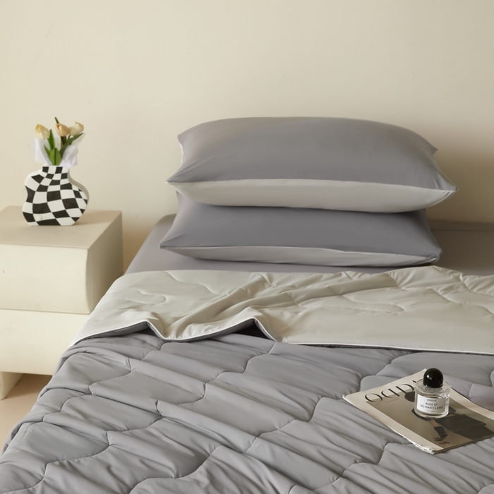 91家纺网 家纺一手货源 找家纺 圣梦莱羽绒家纺 2025春夏新款A类锦氨凉感丝高克重冰丝夏凉被亲肤丝绸被芯 清冷月亮灰