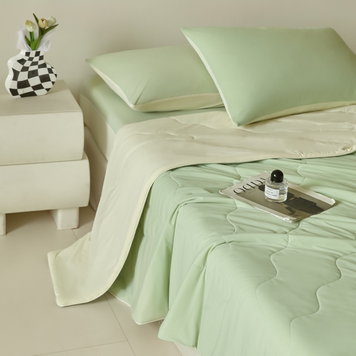 91家纺网 家纺一手货源 找家纺 圣梦莱羽绒家纺 2025春夏新款A类锦氨凉感丝高克重冰丝夏凉被亲肤丝绸被芯 奶油薄荷绿