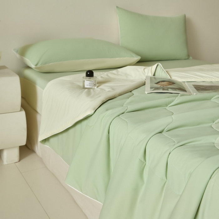 91家纺网 家纺一手货源 找家纺 圣梦莱羽绒家纺 2025春夏新款A类锦氨凉感丝高克重冰丝夏凉被亲肤丝绸被芯 奶油薄荷绿