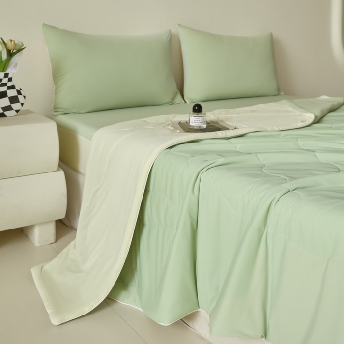 91家纺网 家纺一手货源 找家纺 圣梦莱羽绒家纺 2025春夏新款A类锦氨凉感丝高克重冰丝夏凉被亲肤丝绸被芯 奶油薄荷绿