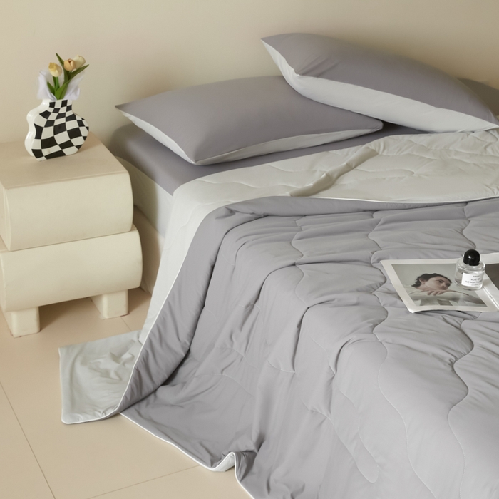 91家纺网 家纺一手货源 找家纺 圣梦莱羽绒家纺 2025春夏新款A类锦氨凉感丝高克重冰丝夏凉被亲肤丝绸被芯 清冷月亮灰