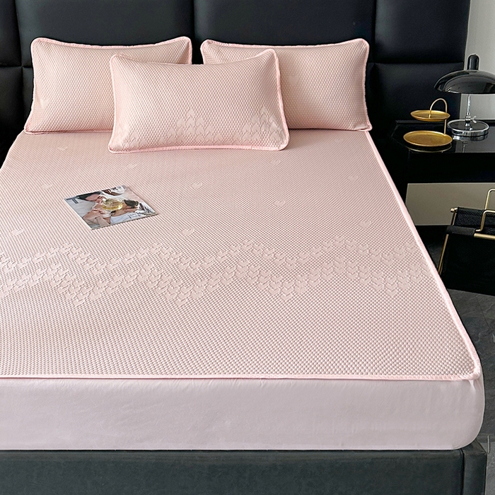 91家纺网 家纺一手货源 找家纺 爱洛家纺 2025新款A类冰丝豆豆凉席-爱心 爱心床笠~粉玉