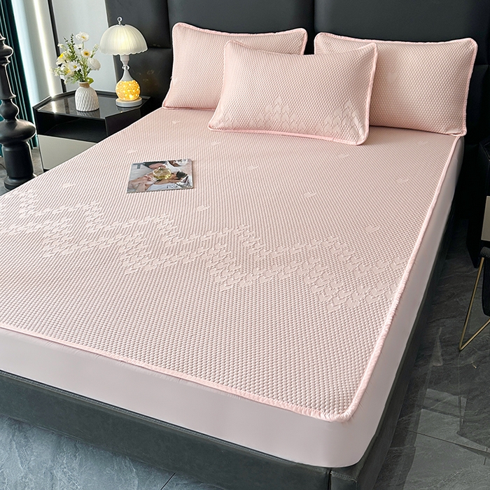 91家纺网 家纺一手货源 找家纺 爱洛家纺 2025新款A类冰丝豆豆凉席-爱心 爱心床笠~粉玉