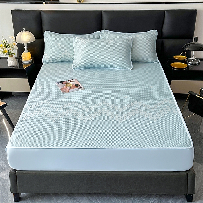 91家纺网 家纺一手货源 找家纺 爱洛家纺 2025新款A类冰丝豆豆凉席-爱心 爱心床笠~蓝