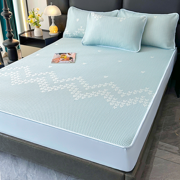 91家纺网 家纺一手货源 找家纺 爱洛家纺 2025新款A类冰丝豆豆凉席-爱心 爱心床笠~蓝