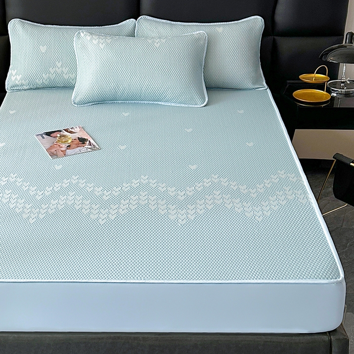 91家纺网 家纺一手货源 找家纺 爱洛家纺 2025新款A类冰丝豆豆凉席-爱心 爱心床笠~蓝