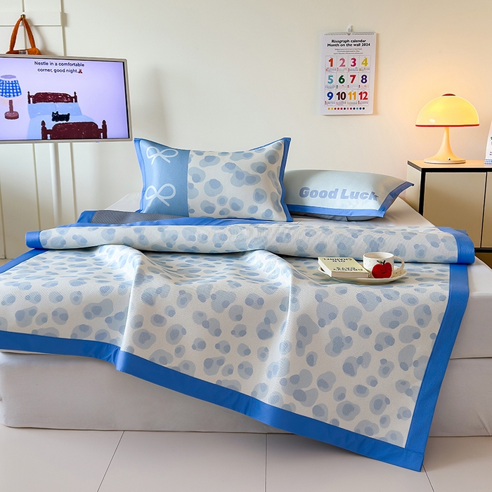 91家纺网 家纺一手货源 找家纺 安哆啦家纺 2025新款A类印花冰藤凉席简约条格系列凉席席子 蓝色豹纹-床席款