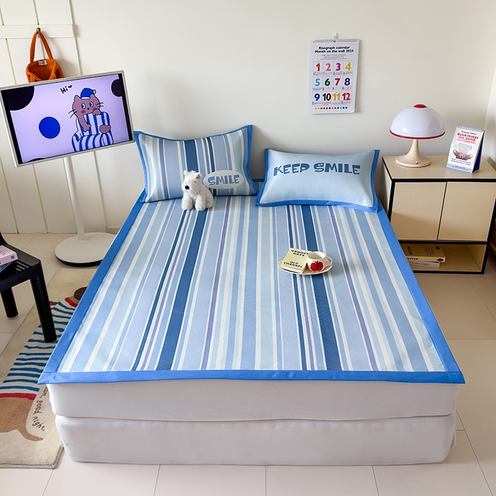 91家纺网 家纺一手货源 找家纺 安哆啦家纺 2025新款A类印花冰藤凉席简约条格系列凉席席子 绅士蓝条-床席款