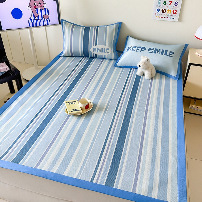 91家纺网 家纺一手货源 找家纺 安哆啦家纺 2025新款A类印花冰藤凉席简约条格系列凉席席子 绅士蓝条-床席款