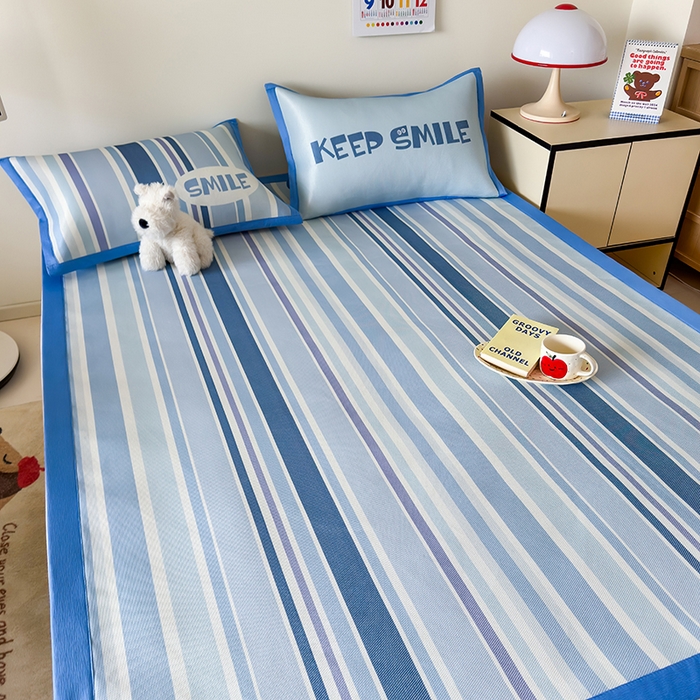 91家纺网 家纺一手货源 找家纺 安哆啦家纺 2025新款A类印花冰藤凉席简约条格系列凉席席子 绅士蓝条-床席款