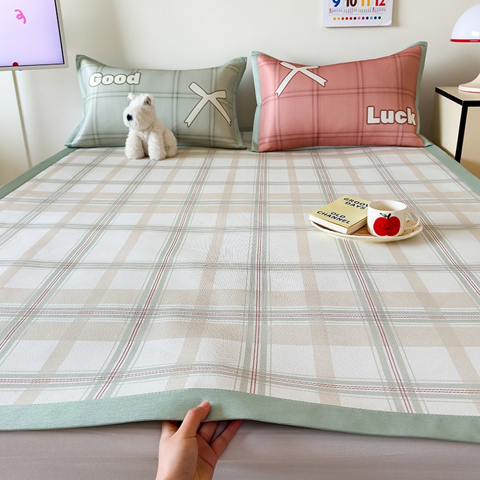 安哆啦家纺 2025新款A类印花冰藤凉席简约条格系列凉席席子 小绿格-床席款