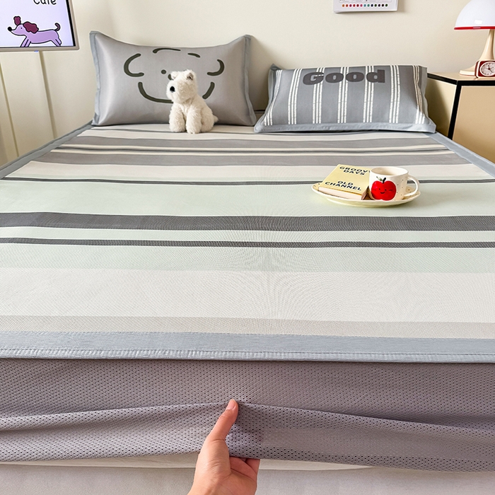 91家纺网 家纺一手货源 找家纺 安哆啦家纺 2025新款A类印花冰藤凉席简约条格系列凉席席子 简约灰条-床笠款