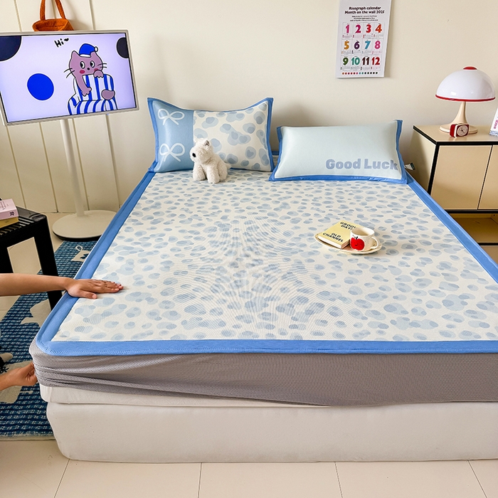 安哆啦家纺 2025新款A类印花冰藤凉席简约条格系列凉席席子 蓝色豹纹-床笠款