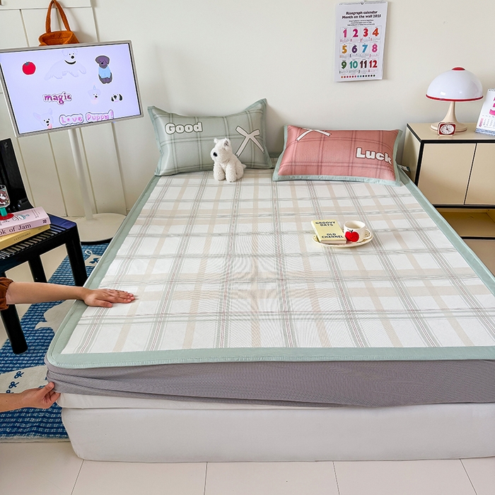 安哆啦家纺 2025新款A类印花冰藤凉席简约条格系列凉席席子 小绿格-床笠款