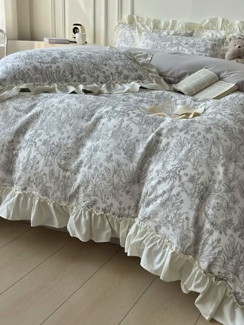 91家纺网 家纺一手货源 找家纺 （总）涵宸家纺 2025新款A类全棉双层纱荷叶花边四件套