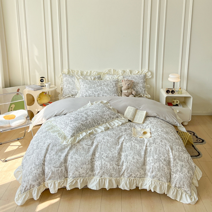 91家纺网 家纺一手货源 找家纺 涵宸家纺 2025新款A类全棉双层纱荷叶花边四件套 花边-白薇