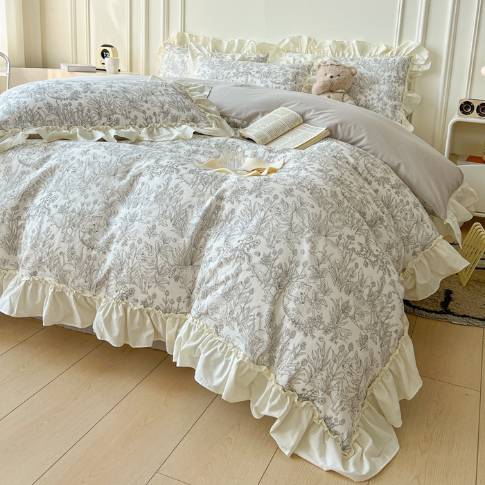 91家纺网 家纺一手货源 找家纺 涵宸家纺 2025新款A类全棉双层纱荷叶花边四件套 花边-白薇