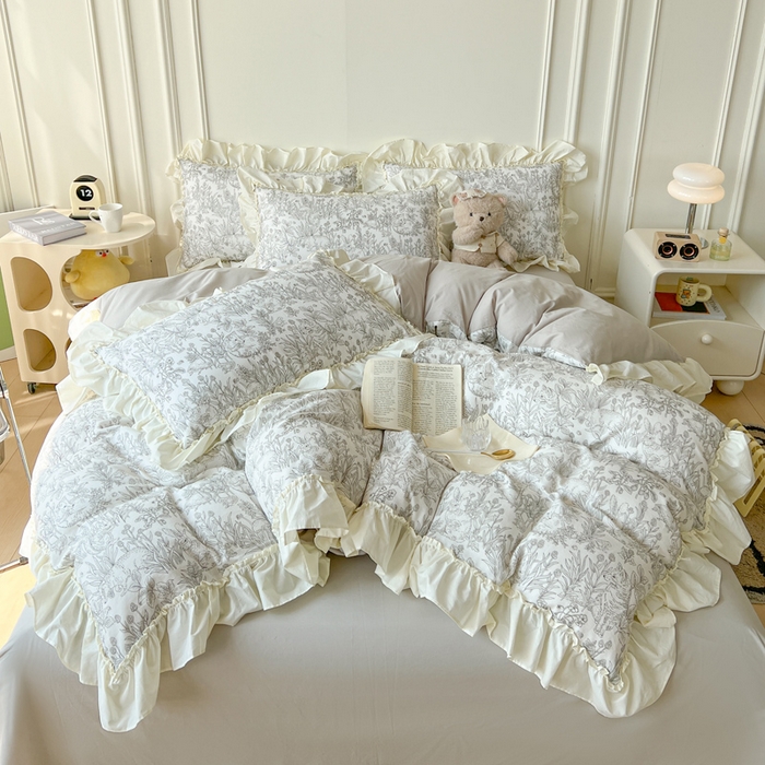 91家纺网 家纺一手货源 找家纺 涵宸家纺 2025新款A类全棉双层纱荷叶花边四件套 花边-白薇