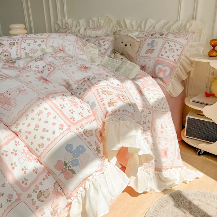 涵宸家纺 2025新款A类全棉双层纱荷叶花边四件套 花边-粉黛