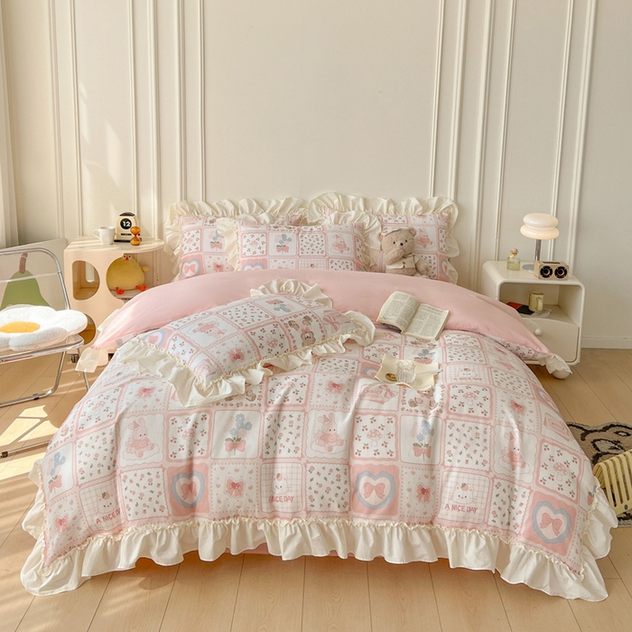 91家纺网 家纺一手货源 找家纺 涵宸家纺 2025新款A类全棉双层纱荷叶花边四件套 花边-粉黛