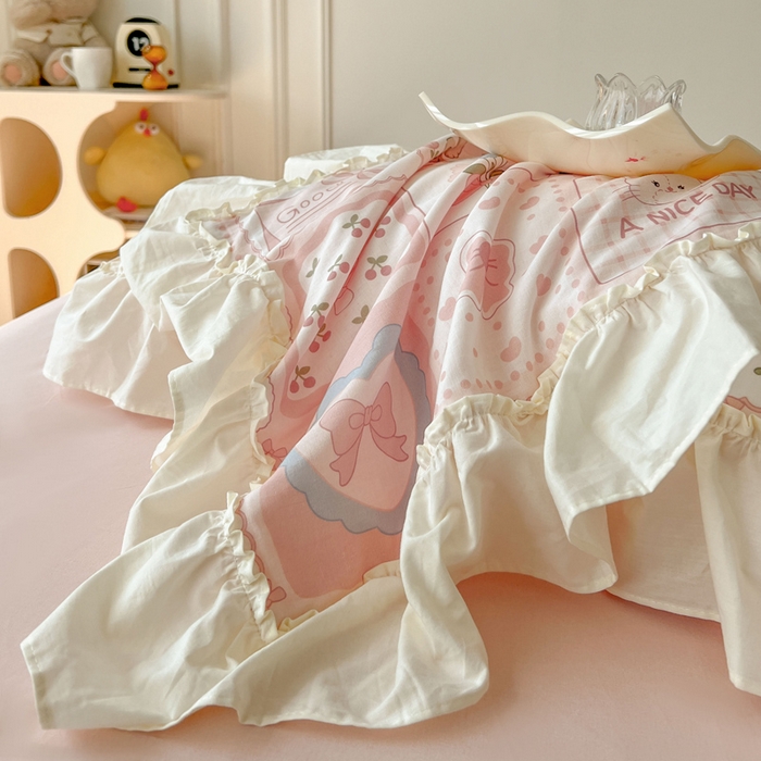 91家纺网 家纺一手货源 找家纺 涵宸家纺 2025新款A类全棉双层纱荷叶花边四件套 花边-粉黛