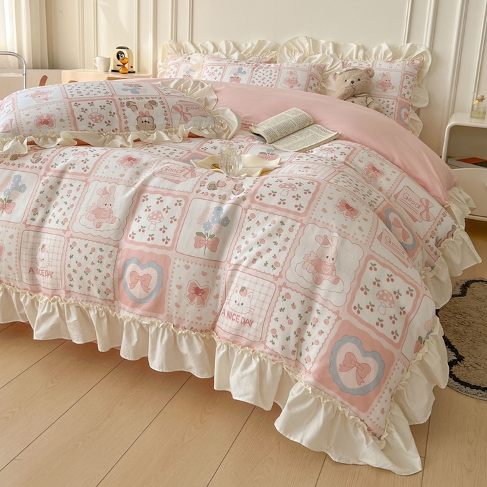 91家纺网 家纺一手货源 找家纺 涵宸家纺 2025新款A类全棉双层纱荷叶花边四件套 花边-粉黛