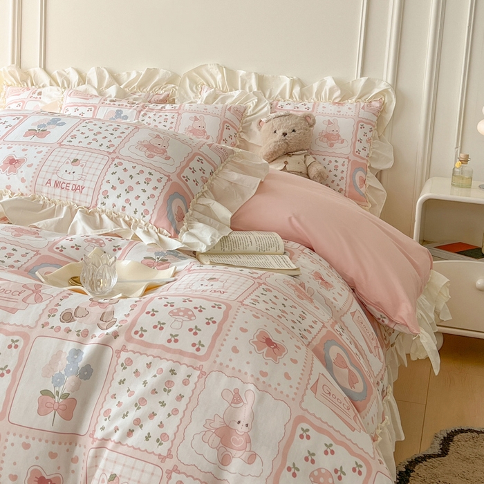 91家纺网 家纺一手货源 找家纺 涵宸家纺 2025新款A类全棉双层纱荷叶花边四件套 花边-粉黛