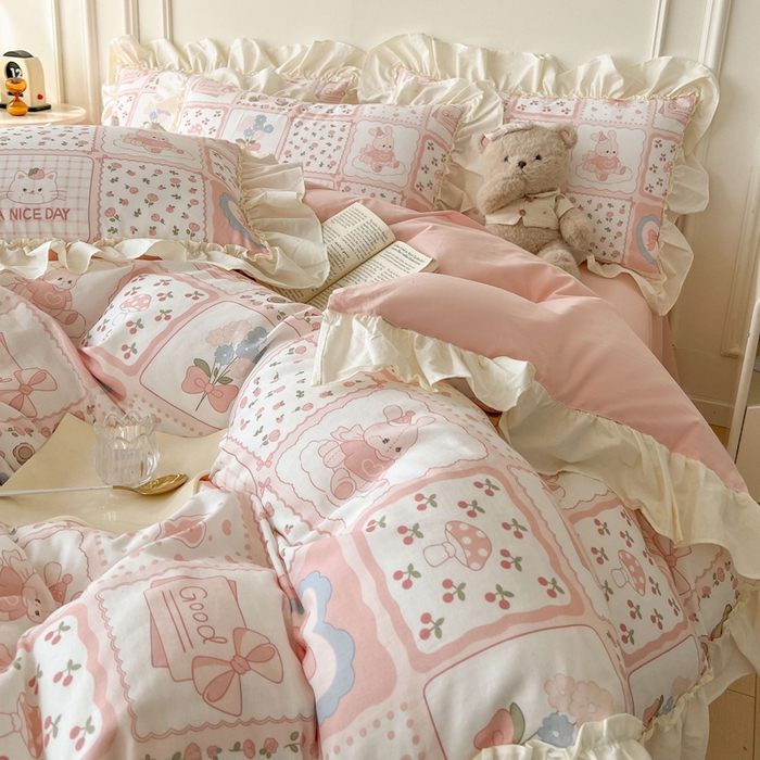 91家纺网 家纺一手货源 找家纺 涵宸家纺 2025新款A类全棉双层纱荷叶花边四件套 花边-粉黛