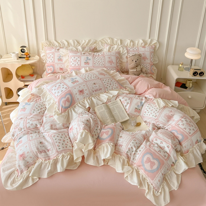 91家纺网 家纺一手货源 找家纺 涵宸家纺 2025新款A类全棉双层纱荷叶花边四件套 花边-粉黛