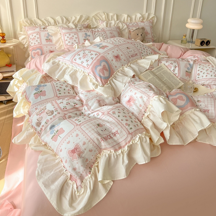 91家纺网 家纺一手货源 找家纺 涵宸家纺 2025新款A类全棉双层纱荷叶花边四件套 花边-粉黛