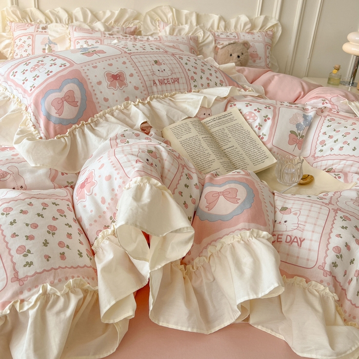 91家纺网 家纺一手货源 找家纺 涵宸家纺 2025新款A类全棉双层纱荷叶花边四件套 花边-粉黛