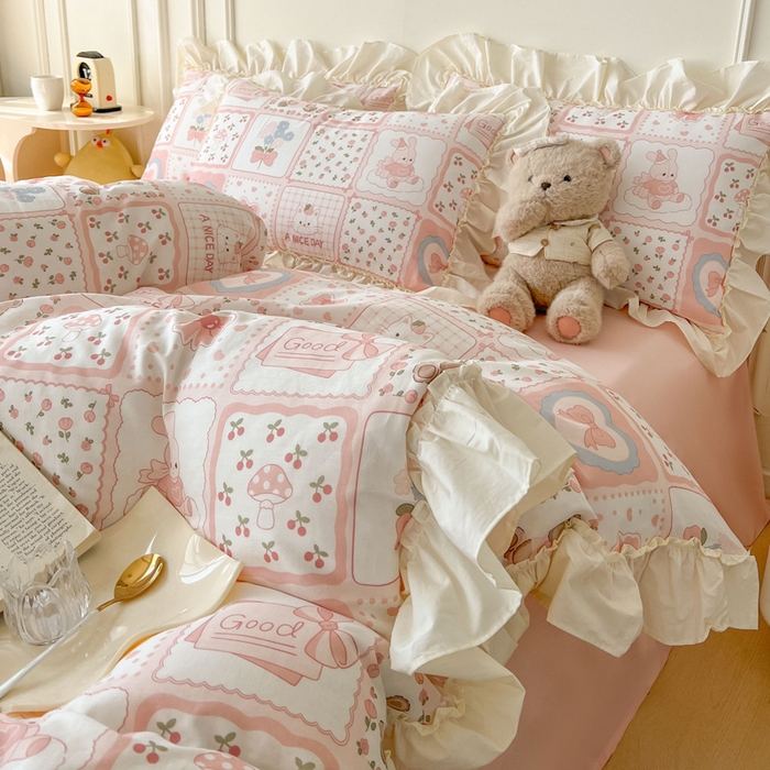 91家纺网 家纺一手货源 找家纺 涵宸家纺 2025新款A类全棉双层纱荷叶花边四件套 花边-粉黛