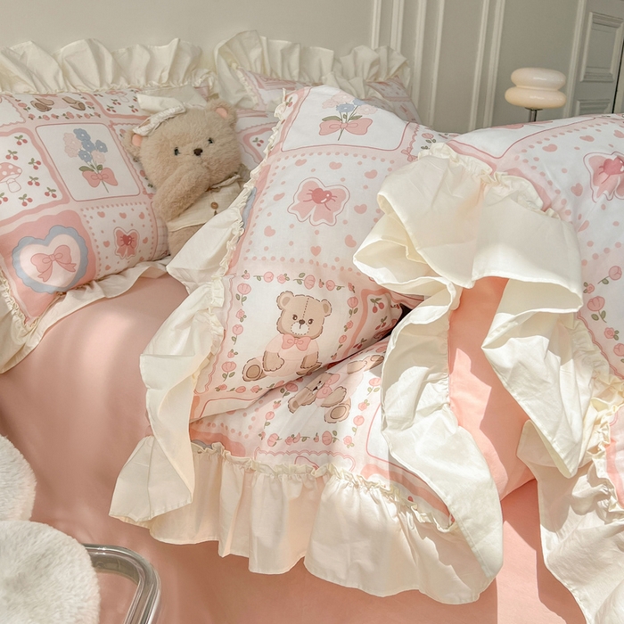 91家纺网 家纺一手货源 找家纺 涵宸家纺 2025新款A类全棉双层纱荷叶花边四件套 花边-粉黛