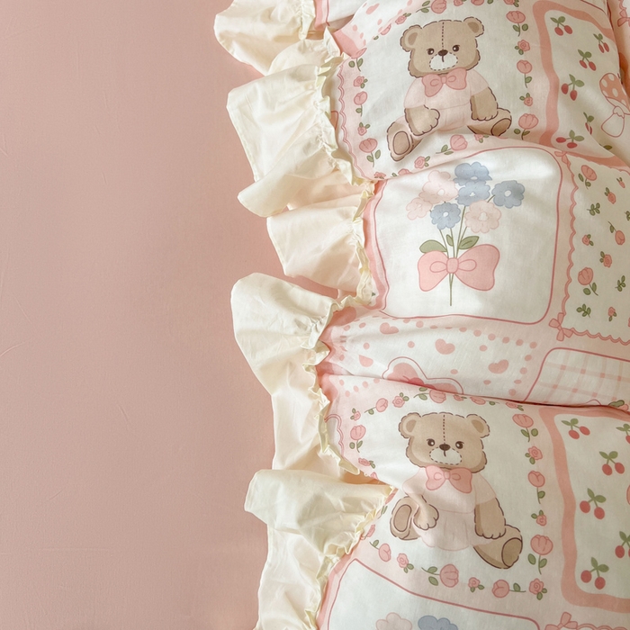 91家纺网 家纺一手货源 找家纺 涵宸家纺 2025新款A类全棉双层纱荷叶花边四件套 花边-粉黛